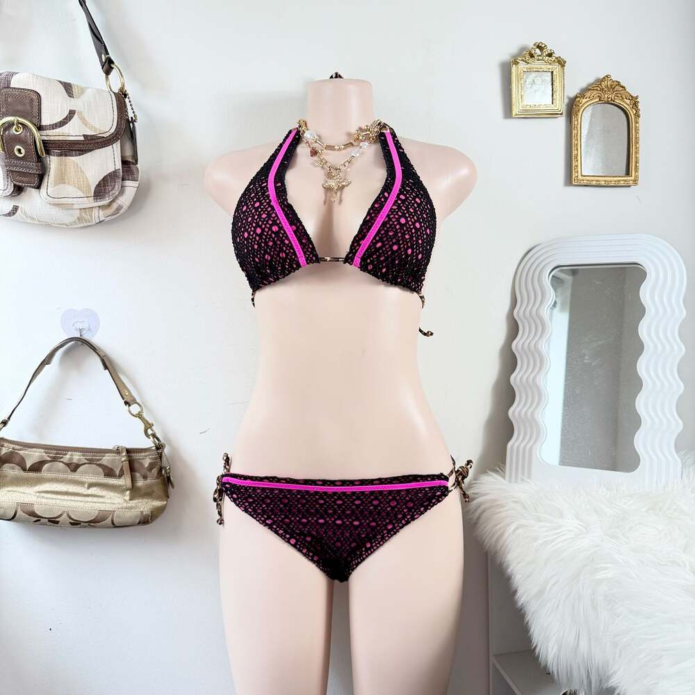 Arizona Jeans Co. Black and Hot Pink Crochet Bikini Set with Leopard Print Ties